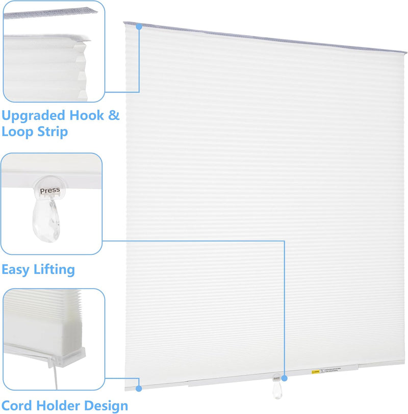 Easy Install Cellular Shades - No Drill Blinds for Windows, Blackout Shades No Drill, Custom Honeycomb Blinds for Easy Cutting - Telescopic Track (White, 39 x 64 in)