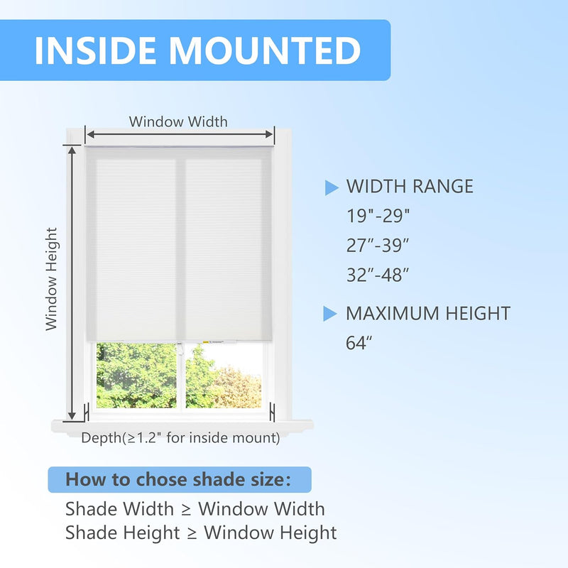 Easy Install Cellular Shades - No Drill Blinds for Windows, Blackout Shades No Drill, Custom Honeycomb Blinds for Easy Cutting - Telescopic Track (White, 39 x 64 in)