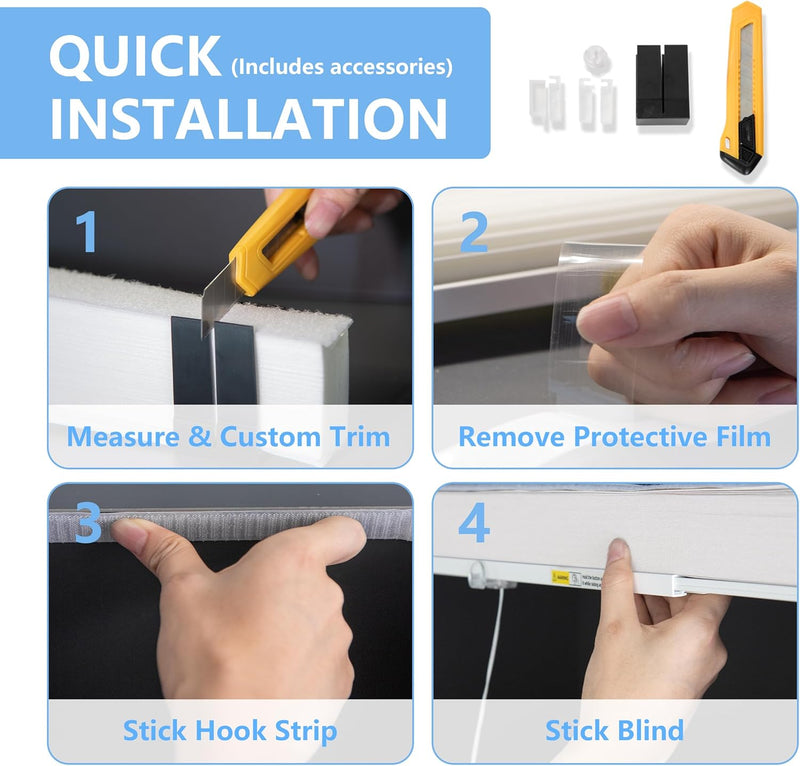 Easy Install Cellular Shades - No Drill Blinds for Windows, Blackout Shades No Drill, Custom Honeycomb Blinds for Easy Cutting - Telescopic Track (White, 39 x 64 in)